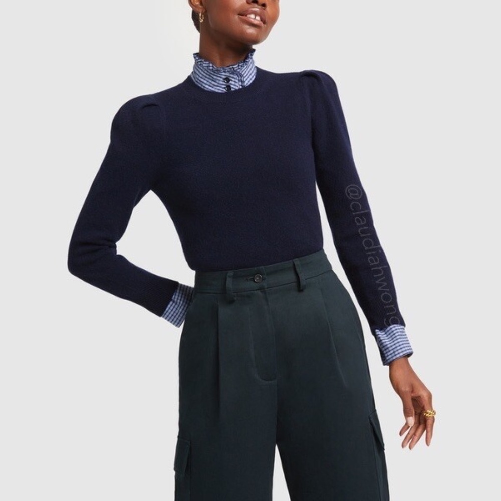 GWYN 100% Cashmere Signature Puff Sleeve Crew Sweater in Navy Blue